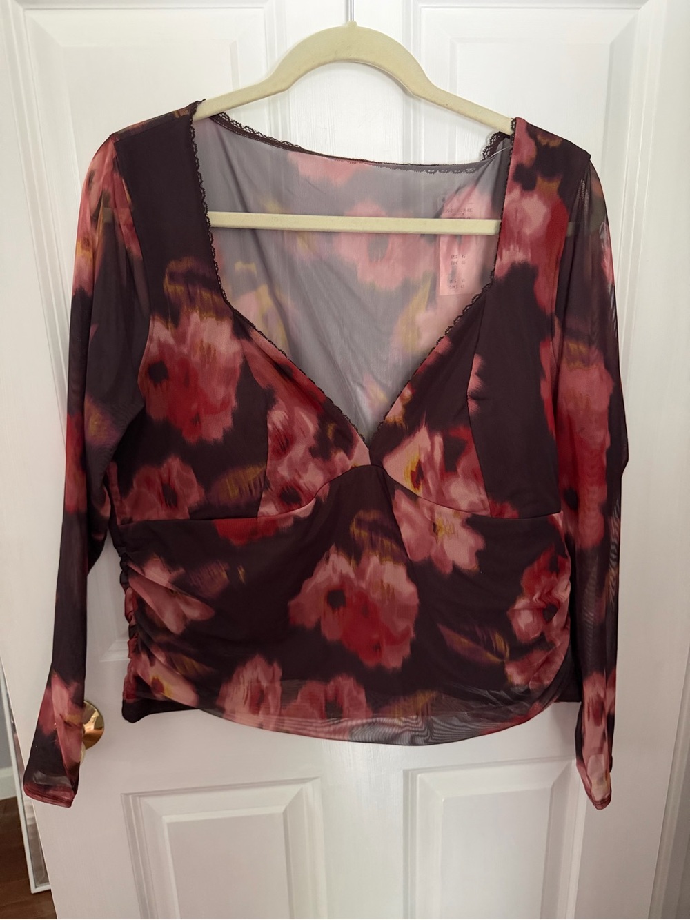 Floral V-Neck Long Sleeve Sheer Top - Burgundy Pink